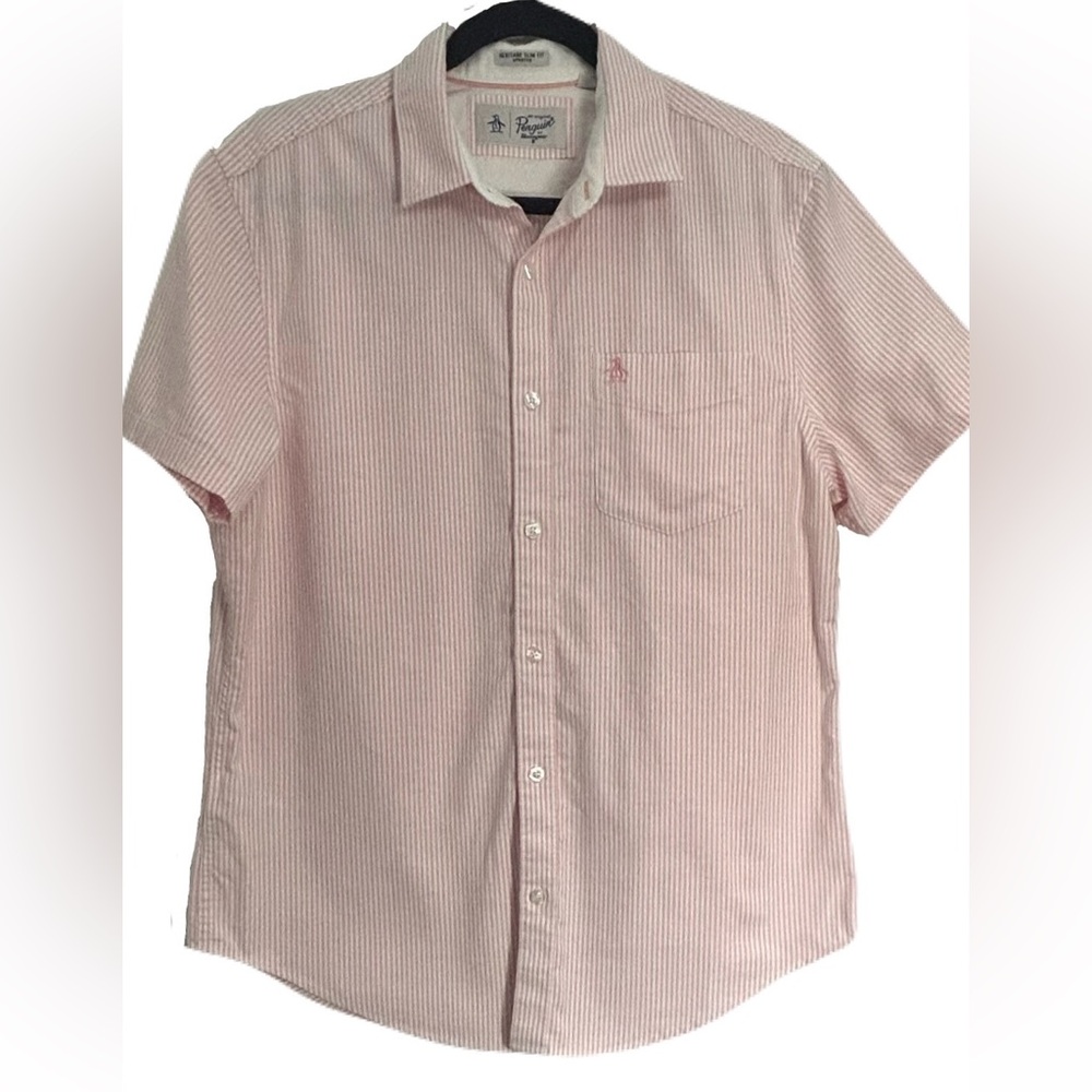 Original Penguin Pink/White Stripe Short Sleeve Button Up Shirt, Size Medium